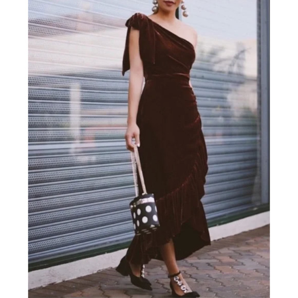 Ulla Johnson Revolve 2 Elisa Velvet Ruffle Midi Dress One Shoulder Bow Brown - Picture 9 of 10